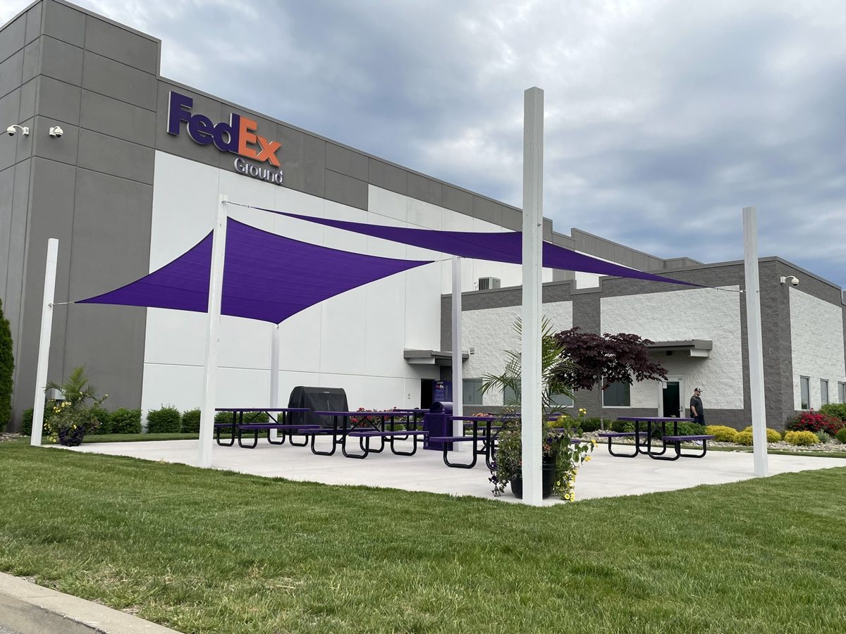 Purple sails over an office patio